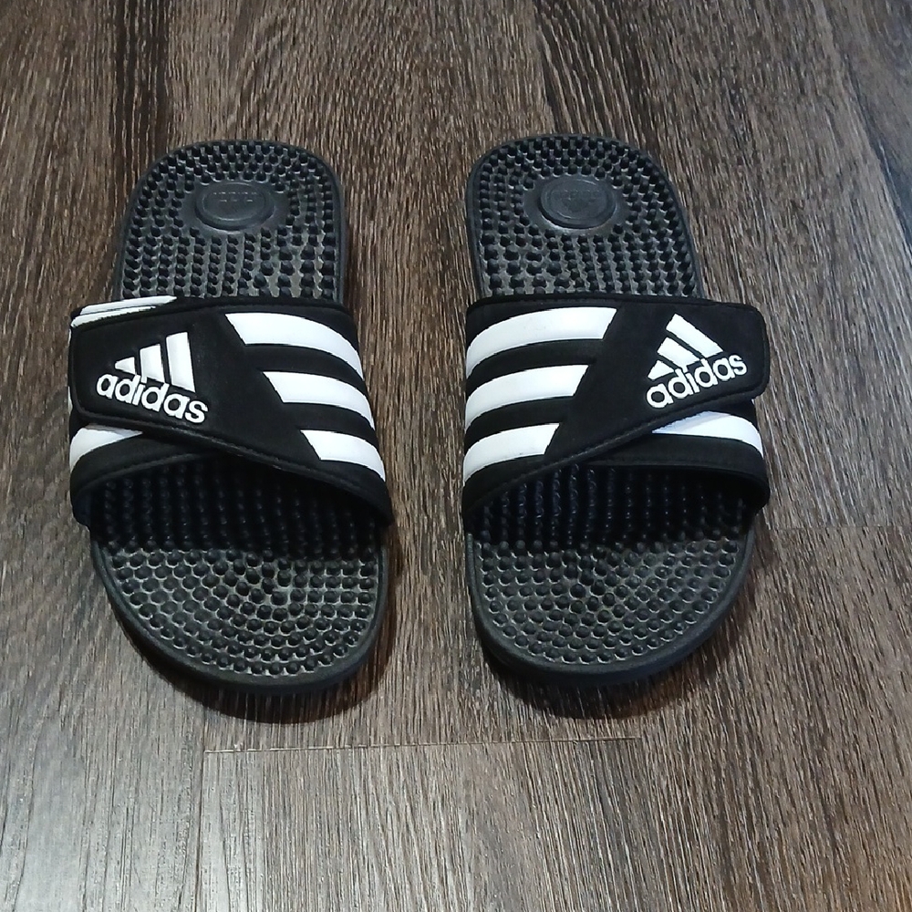 Adidas Black and White Striped Slides